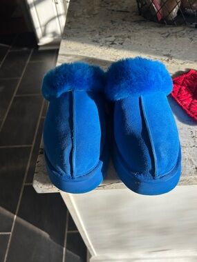 UGG Blue Suede Fur Cuff Slippers